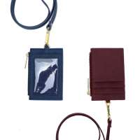 Custom Genuine Leather Lanyard Work Id Card Holder With Long Strap